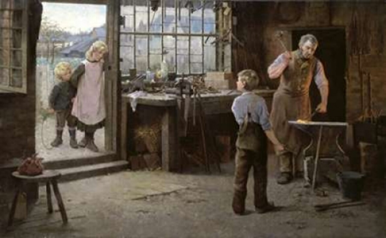 His First Day at Work - Child Apprentice with Blacksmith Poster Print by Hamlet Bannerman - Item # VARPDX281690